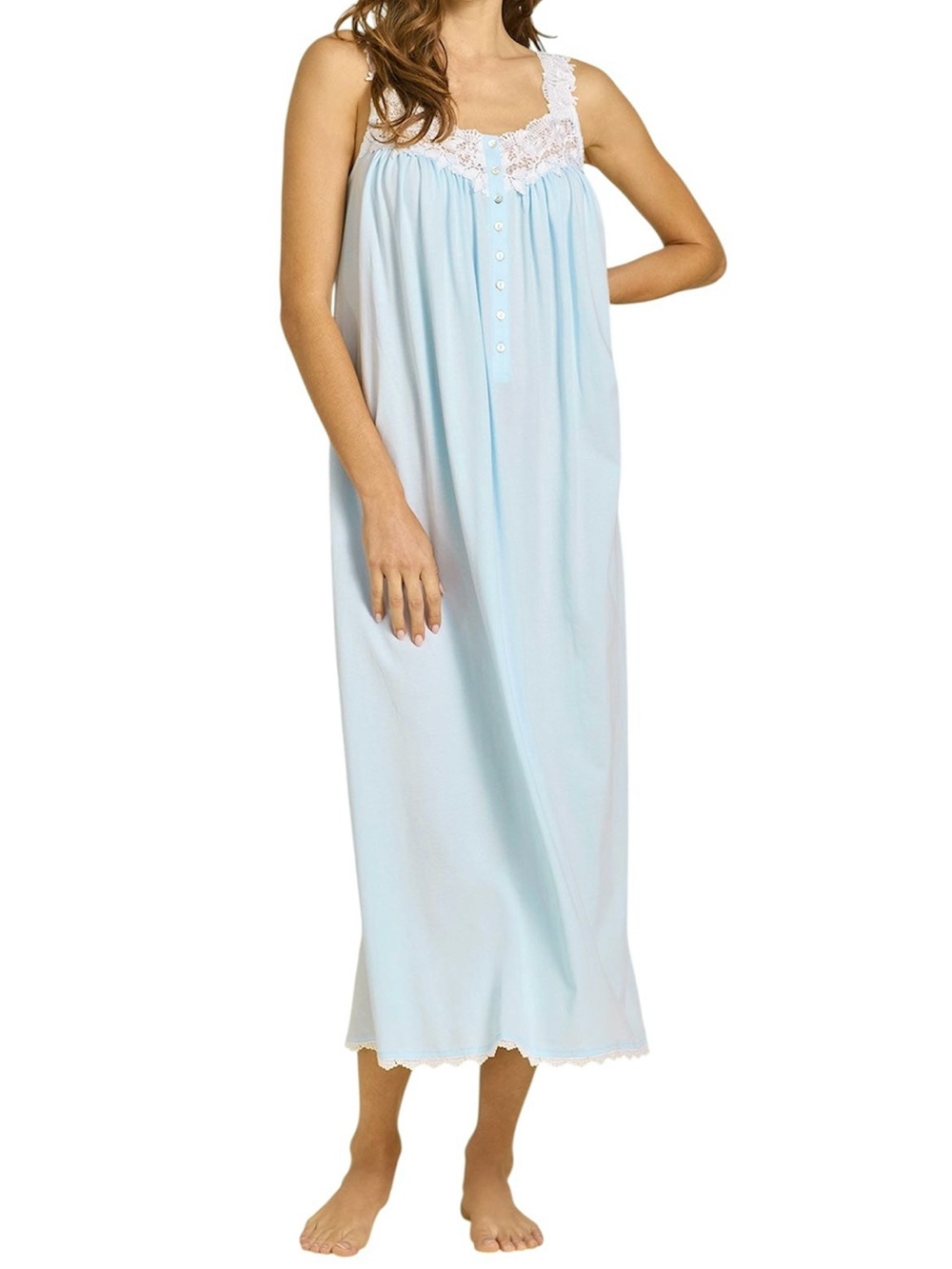 Eileen West Nightgown Size Medium Blue Lace Trim Soft Stretch Sleeveless Cottage